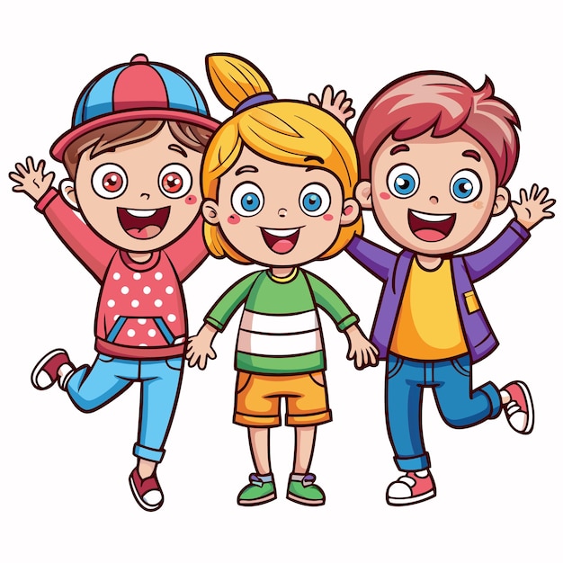 Vector three happy cartoon children waving