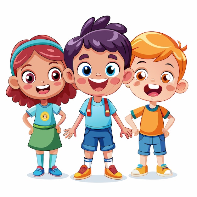 Three happy cartoon kids standing together