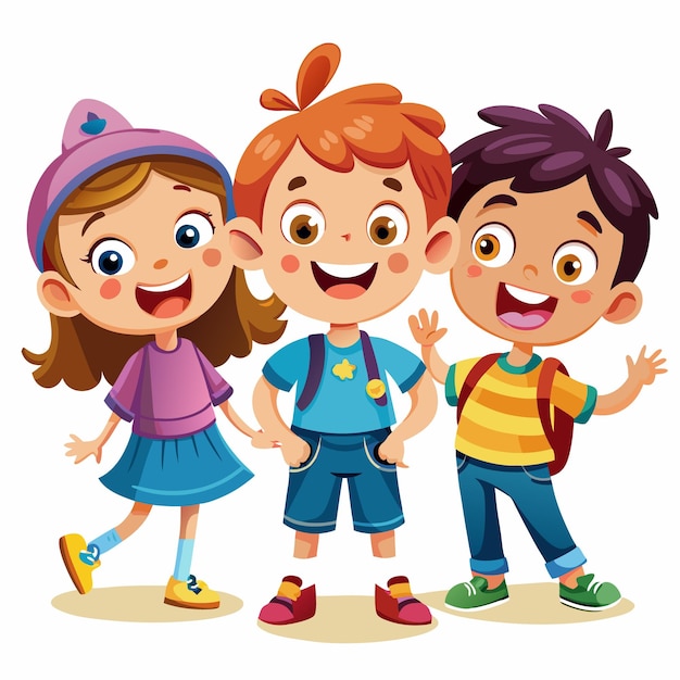 Three happy children with backpacks standing together