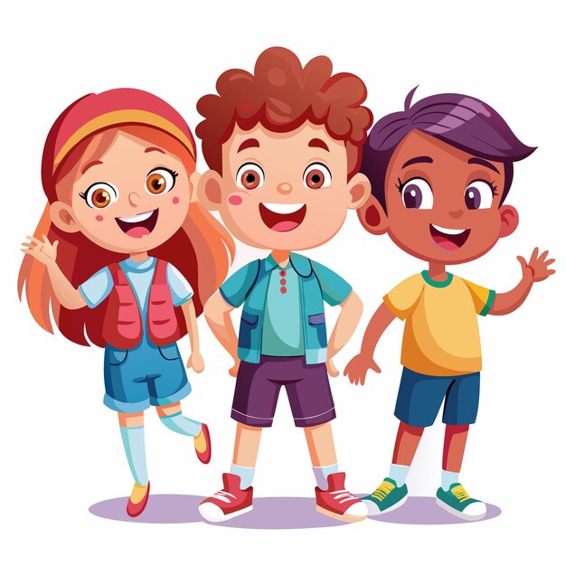 Vector three happy kids standing together smiling