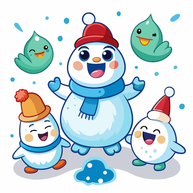 Vector three happy snowmen with a snowman bird and a snowball on a white background