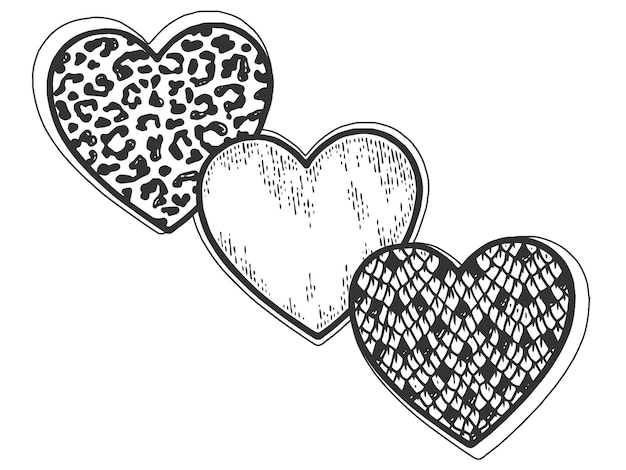 Three hearts snake leopard and sketch Sign and symbol of love Scratch board imitation coloring