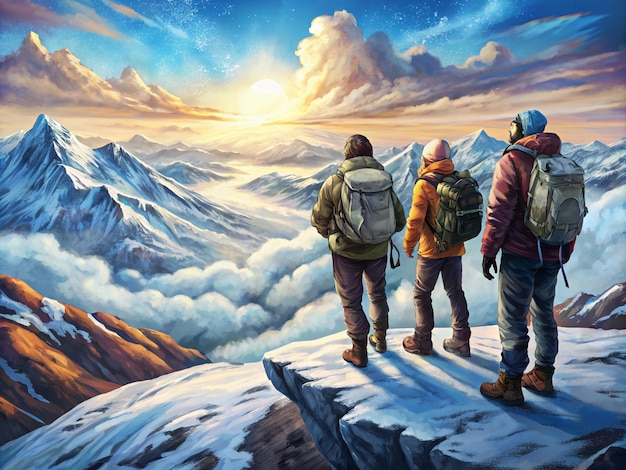 Three Hikers Standing on a Mountain Peak with a View of the Valley and Sunrise