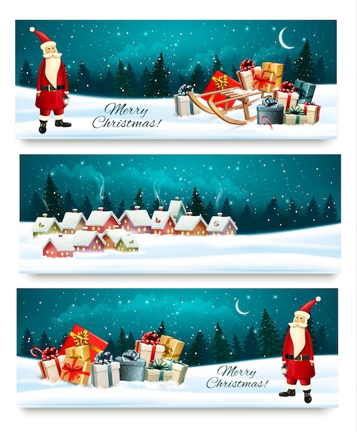 Three Holiday Christmas banners with a gift boxes and Santa Claus. Vector