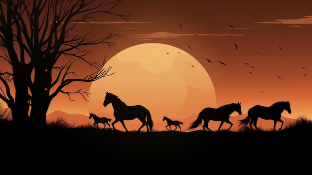 three horses are walking in a field with the sun behind them