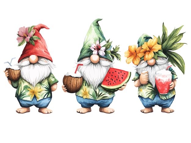 three images of gnomes with watermelon and watermelon