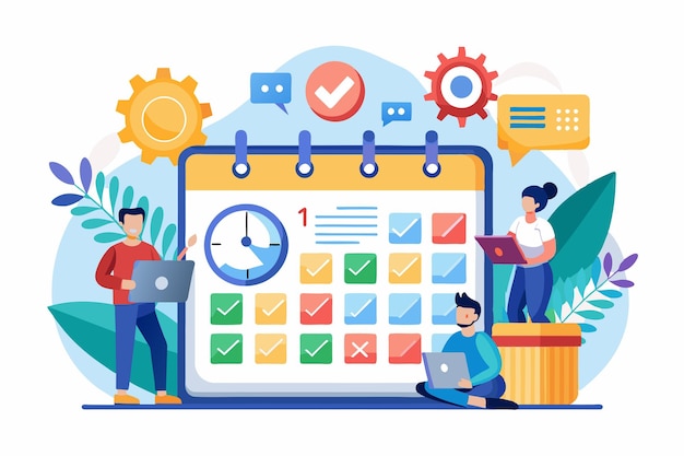 Three individuals are collaborating on scheduling tasks with a colorful calendar and digital devices Planning schedule or time management with calendar business activities