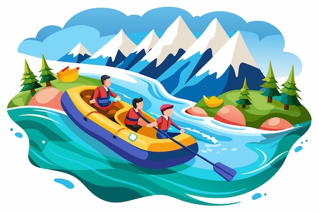 Vector three individuals are joyfully paddling an inflatable raft down a bright blue river flanked by soaring mountains and dense trees under a clear sky