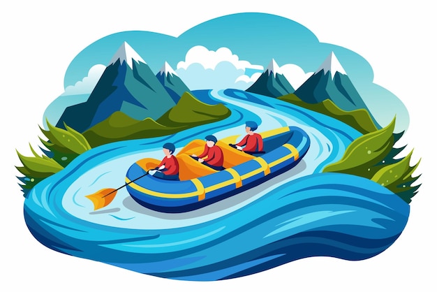 Vector three individuals are paddling a raft down a lively river surrounded by lush greenery and majestic mountains under a bright blue sky