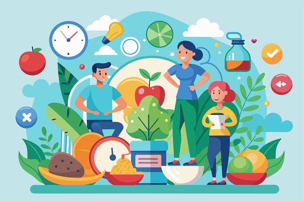 Vector three individuals engage with healthy foods and habits surrounded by vibrant graphics representing wellness healthy habit customizable semi flat illustration