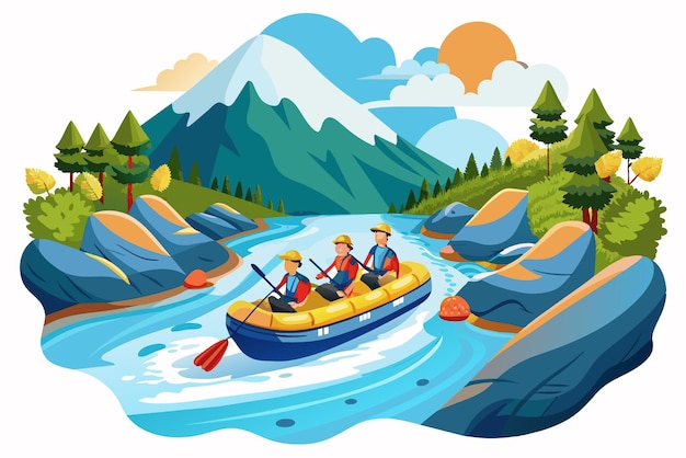 Vector three individuals in a raft navigate a flowing river with rocky banks enjoying a sunny day in a lush mountainous landscape filled with vibrant greenery