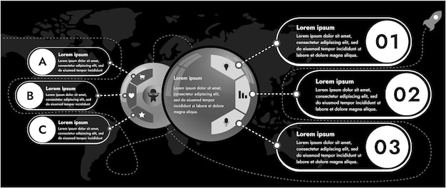 Three infographic elements with 6 and 3 sections for information