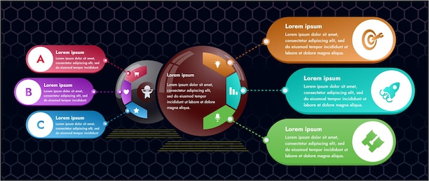 Three infographic elements with 6 and 3 sections for information