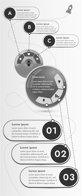 Three infographic elements with 6 and 3 sections for information