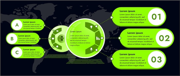 Three infographic elements with 6 and 3 sections for information