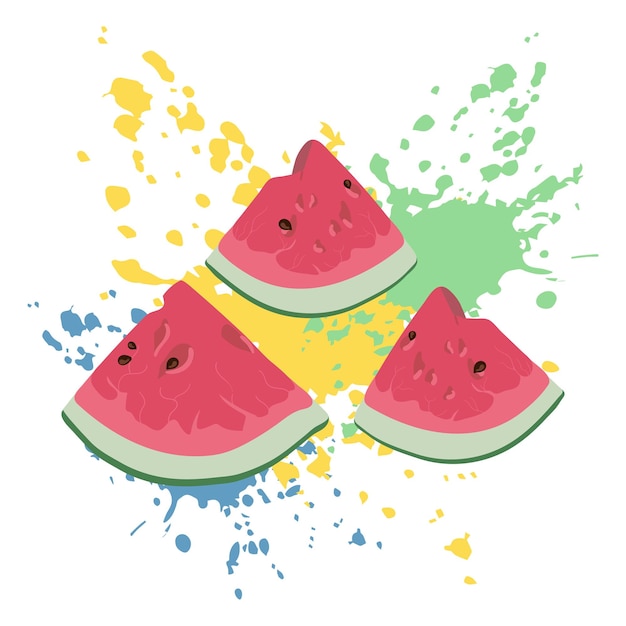 Three juicy slices of fresh bright red watermelon with paint blots on background