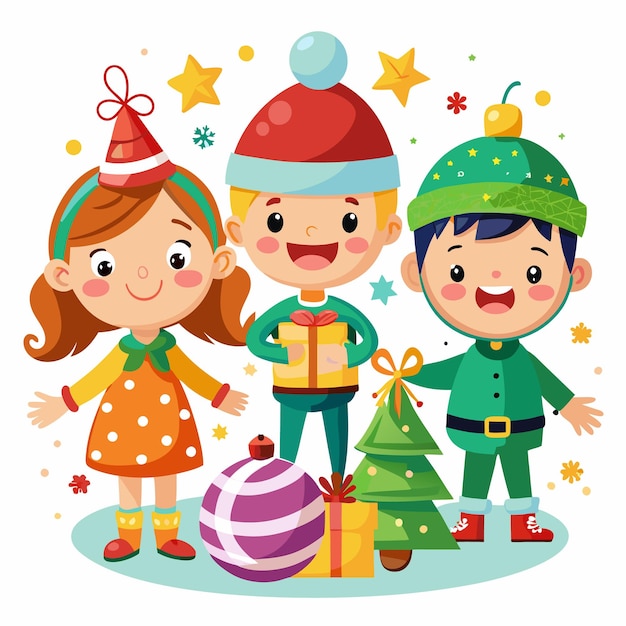 Vector three kids in christmas outfits standing together with a tree ornaments and gifts