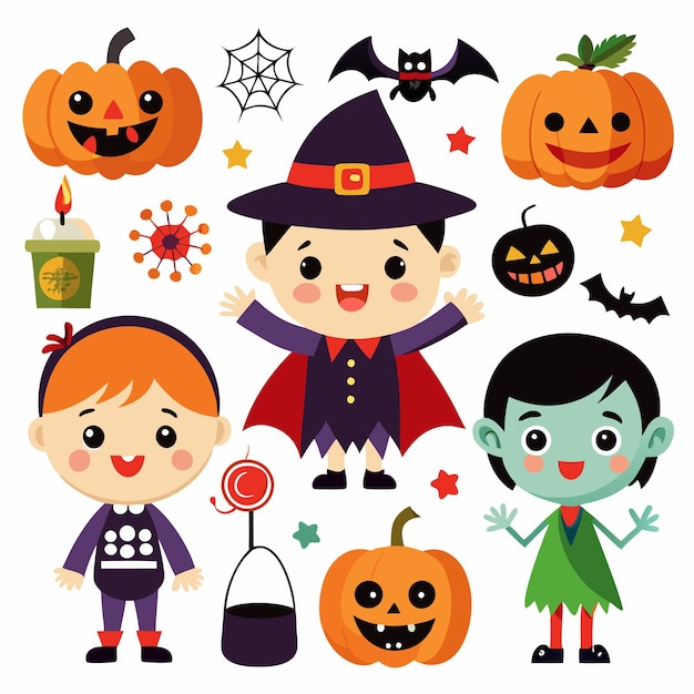 Three kids dressed in Halloween costumes pumpkins bats and a cauldron