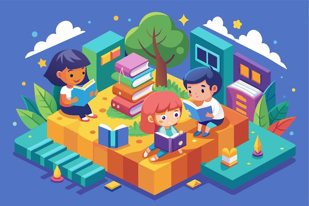 Vector three kids joyfully read in a vibrant outdoor space surrounded by books and trees kids reading customizable isometric illustration