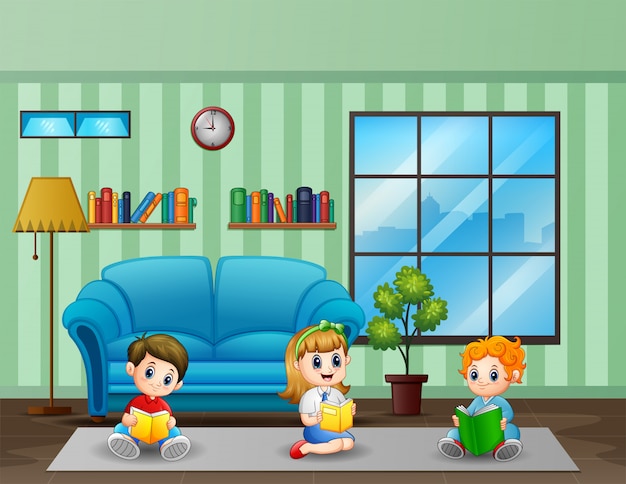 Three kids reading book in a room illustration