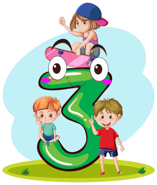 Three kids with number three cartoon