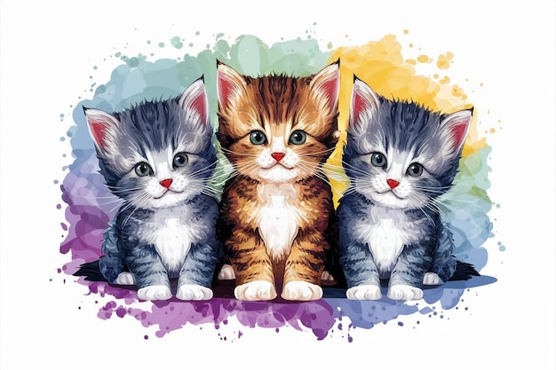 three kittens are on a colorful background