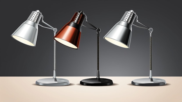 three lamps with one that has a red and black shade