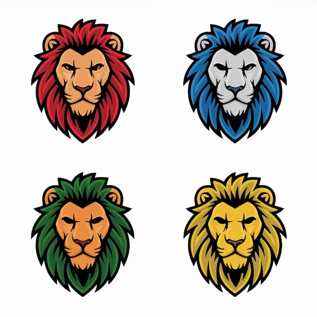 Vector three lion heads with a blue mane and a blue mane