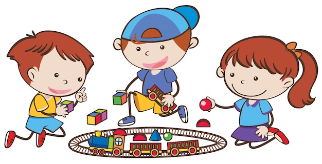 Vector three little children playing train set