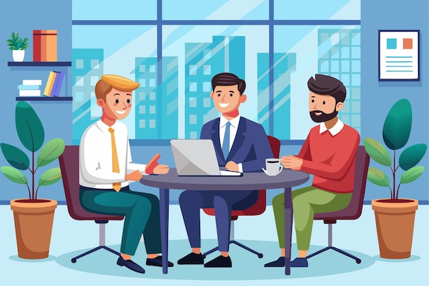 Three men discuss strategies around a laptop during a meeting in a contemporary office setting three men have a business meeting at the office