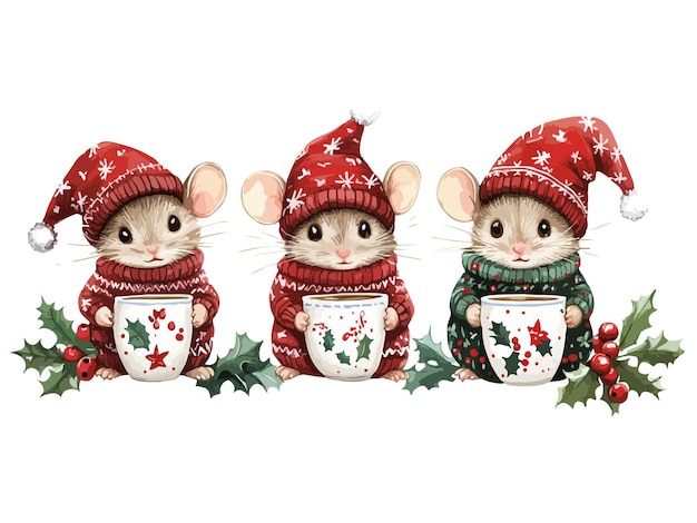 three mice wearing hats with one holding a cup of coffee