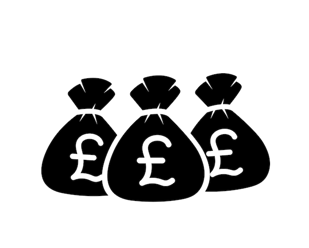 Three money bags black filled vector icon sacks with pound currency sign