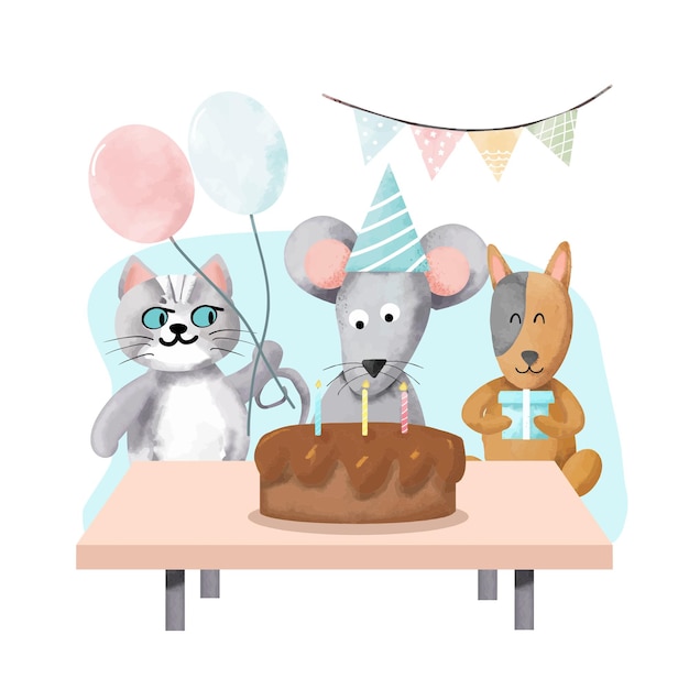 three mouse mouses are sitting at a table with a cake and balloons