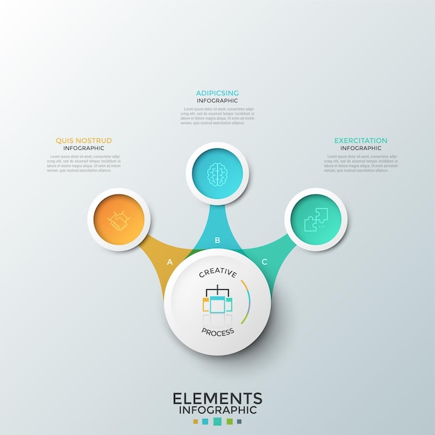 Three multicolored circles with linear symbols inside placed around main round element. Concept of 3 steps of startup project development. Creative infographic design template. 