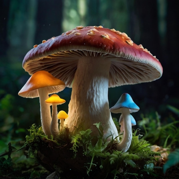 three mushrooms in the forest with one that has a red cap