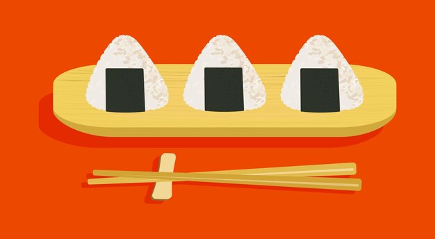 Three onigiri balls on wooden board and chopsticks vector illustration