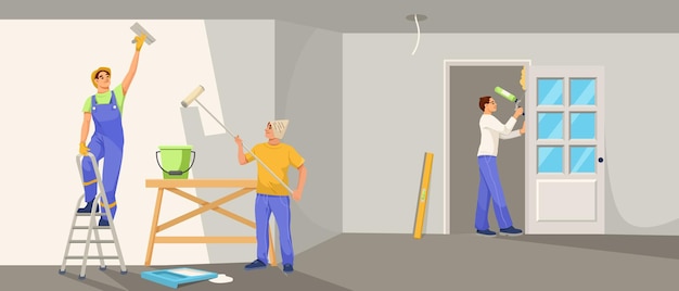 Vector three painters working inside a room painting walls and door flat graphic style light background concept of home renovation vector illustration