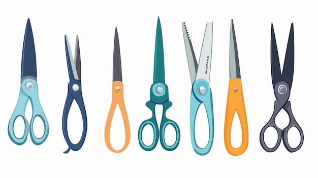 three pairs of scissors with blue handles and a green one that says  t