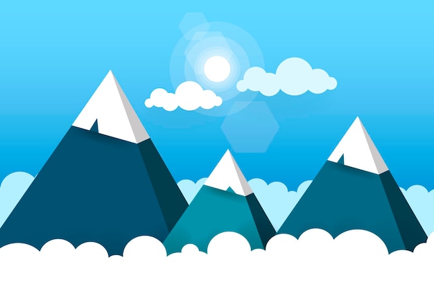 Three Paper Mountains In White Clouds Sunny Day Vector Illustration