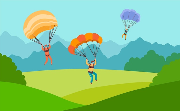 Three parachutists landing on field ground. Men with parachutes on backdrop of mountain landscape.