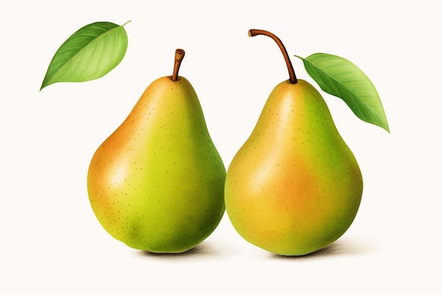 Three pears with green leaves on white background isolated close up