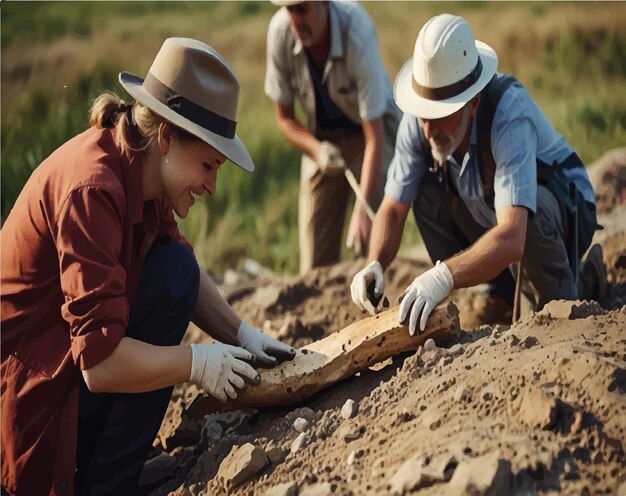 three people are working in the dirt one of them is wearing a hat