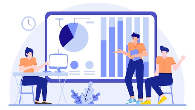 Three people in a business team are having a meeting discussing about business increase with graphs and charts in the office