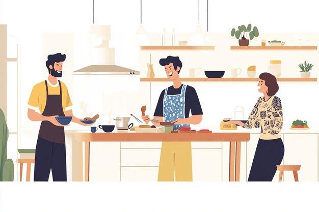 Vector three people standing in kitchen illustration