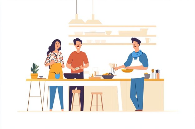 Vector three people standing in kitchen illustration