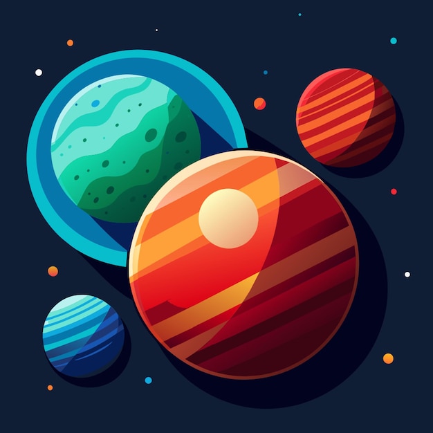 Vector three planets in space in three colors red green and blue vector illustration flat 2