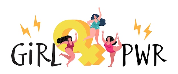 Three plump woman Girl power dancing female characters Women feminists vector concept