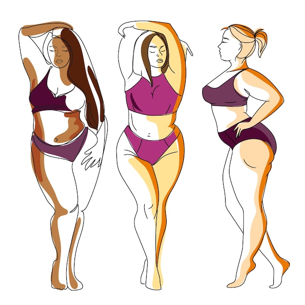 Three plumpcurvy women girls with different skin colors plus size models in swimming suitsvector