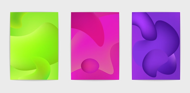 Three poster templates. Trend vivid colors. Set of modern abstract liquid backgrounds. Abstract cover, banner, poster, booklet. Bright gradients. Vector isolated eps 10