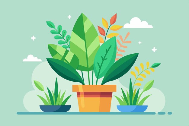 Vector three potted plants with colorful leaves and clouds